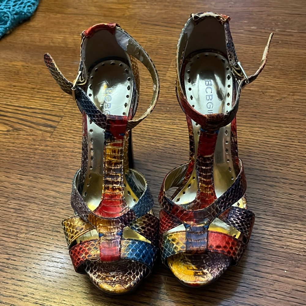 Multi colored Wedge Heels.  6M. Little wear on inside straps.